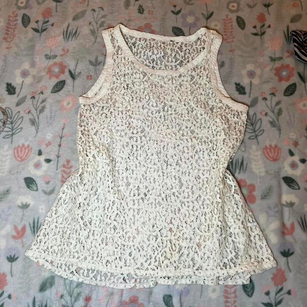 Sheer Lace Tank Top Peplum Blouse S Coquette Cottage Boho Indie Retro Fairy Y2K